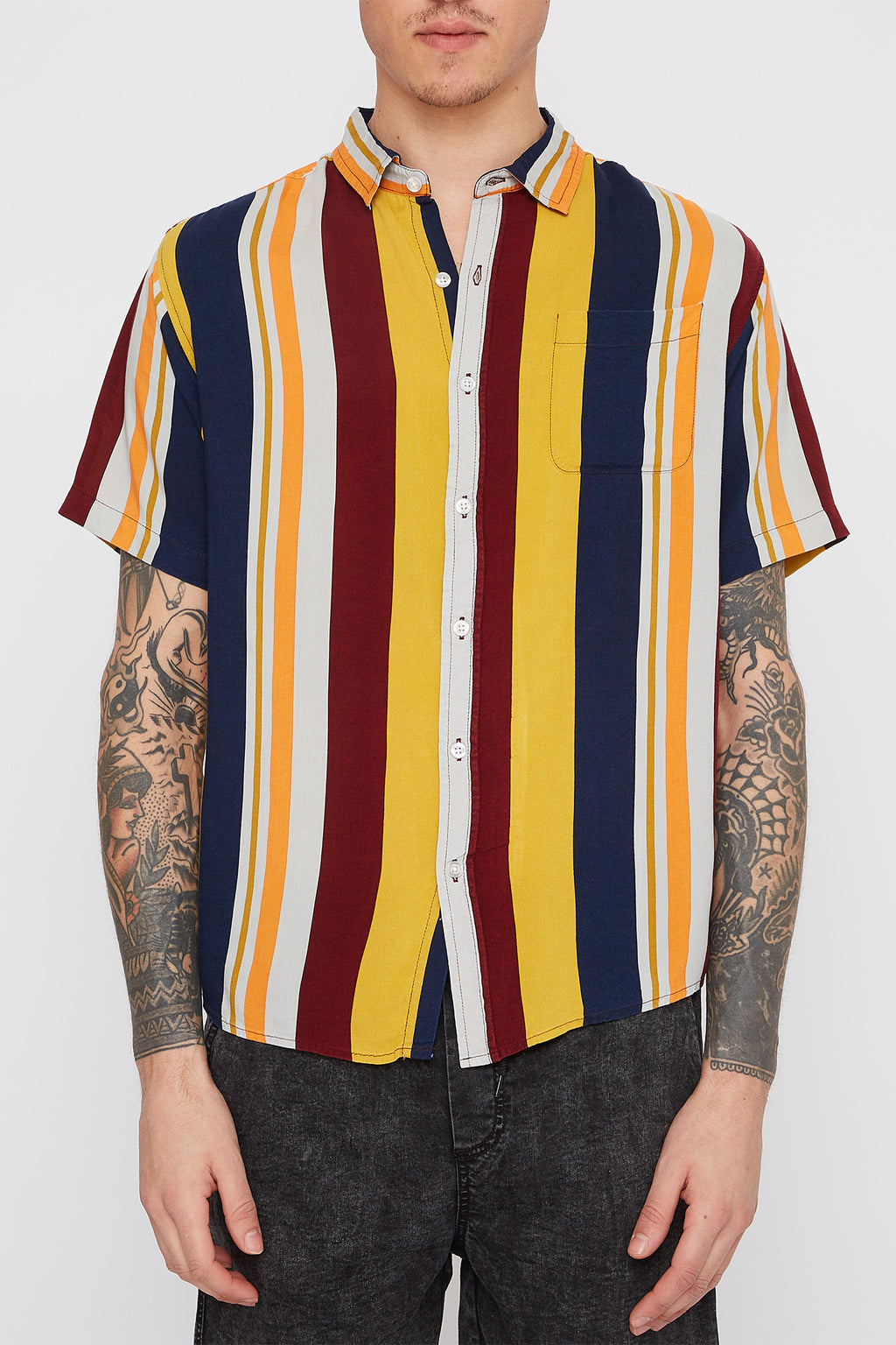 Mens Multi Stripe Bowling Button Up Shirt