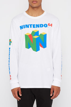 Mens Nintendo64 Logo White Long Sleeve Shirt